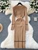 Autumn Korean Fashion Classy Sweater Dress Women Metal Breasted Belt Bodycon Long Dress Female Design Outdoor Knitted Clothing