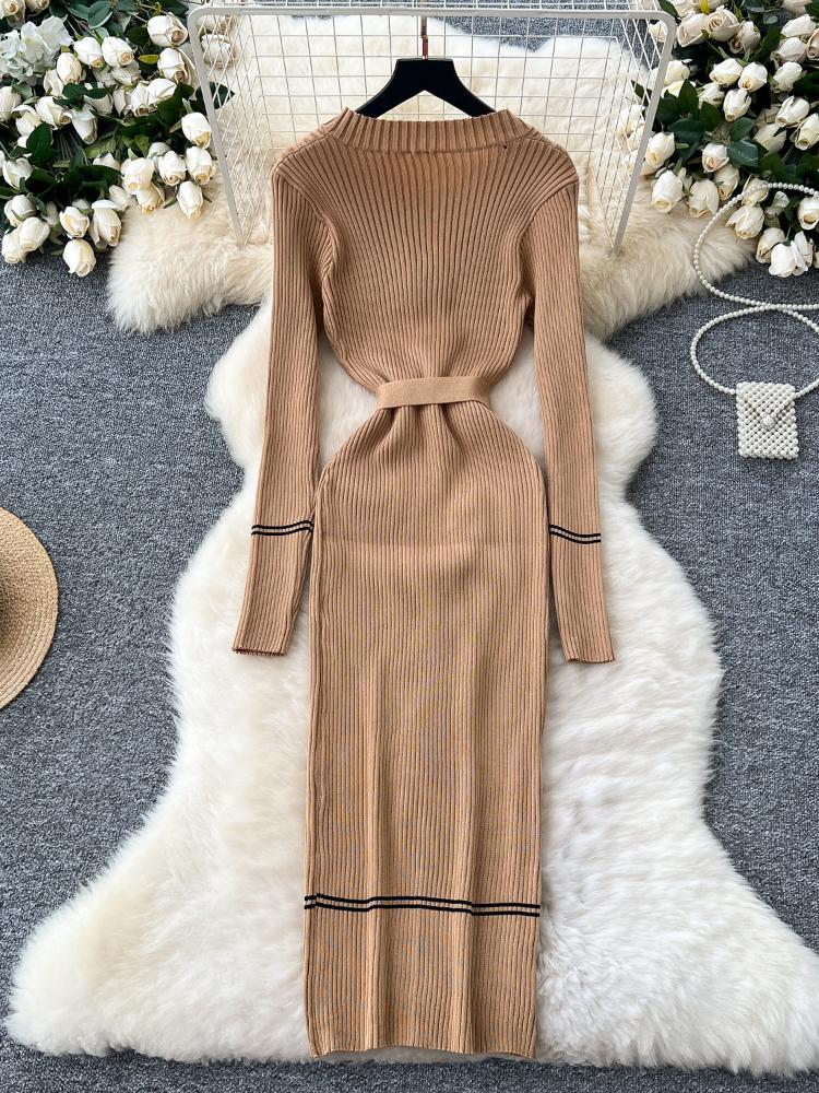 Autumn Korean Fashion Classy Sweater Dress Women Metal Breasted Belt Bodycon Long Dress Female Design Outdoor Knitted Clothing