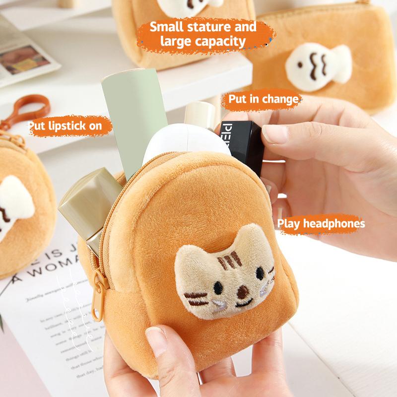 Cartoon Cute Cat Fish Coin Purse Creative Plush Animal Wallet Children Mini Zipper Coin Bag  Earphone Storage Bag