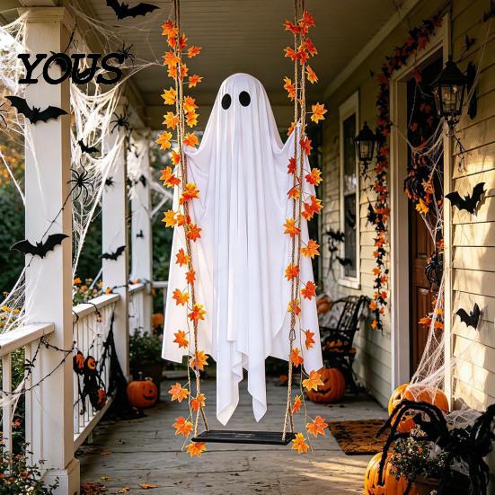 Realistic Fabric Ghost Light Up Hanging Swinging Halloween Decoration with Remote Control, Large White Spooky Outdoor Yard Decor Ornament Maple Leaves