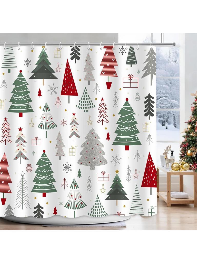 Christmas Shower Curtain For Bathroom, Winter Christmas Tree Shower Curtain Set, Xmas Holiday Home Decorations Tree Snowflake