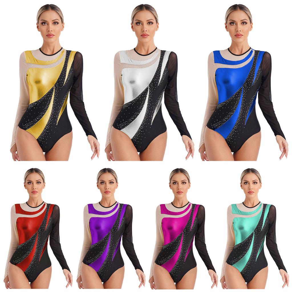 Dames Ballet Dans Turnpakje Ritmische Gymnastiek Kunstschaatsen Yoga Bodysuit Lange Mouw Metallic Contrastkleur Danskleding