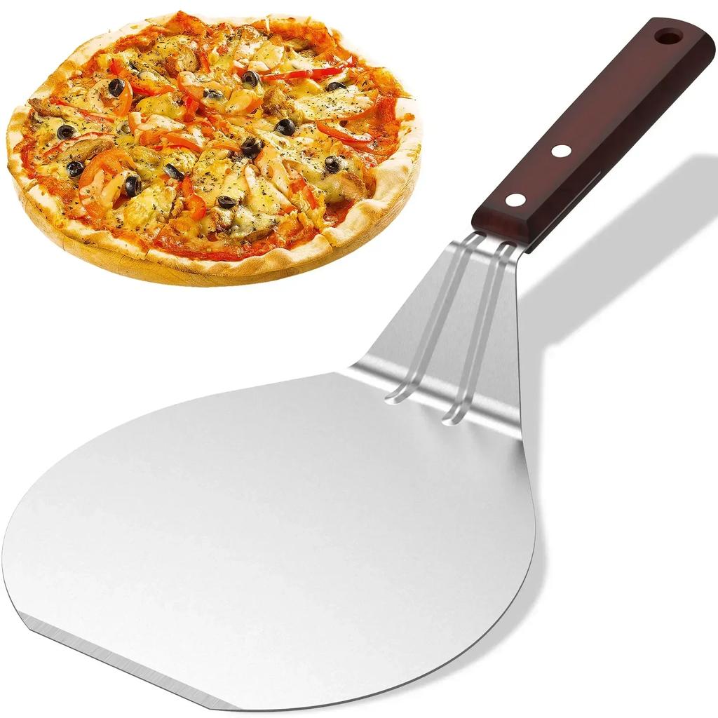 Pizza Shovel Metal Non-Stick Pizza Peel with Wood Handle Cake Lifter Transfer Tray for Homemade Baking Pizza Bread 6.5/10/12inch