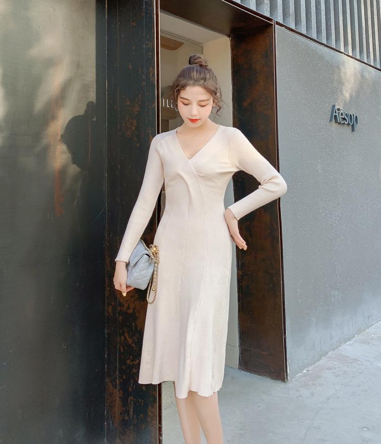 Solid Color Maternity Sweater Dress - Knit Core-Spun Yarn for Autumn/Winter