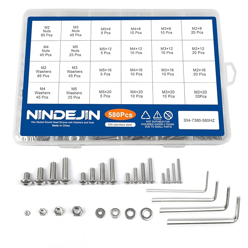NINDEJIN Metric Button Head Socket Cap Screw Bolts & Flat Washers & Nuts Assortment Kit M2 M3 M4 M5 Stainless Steel Machine Screws Set and Wrench,