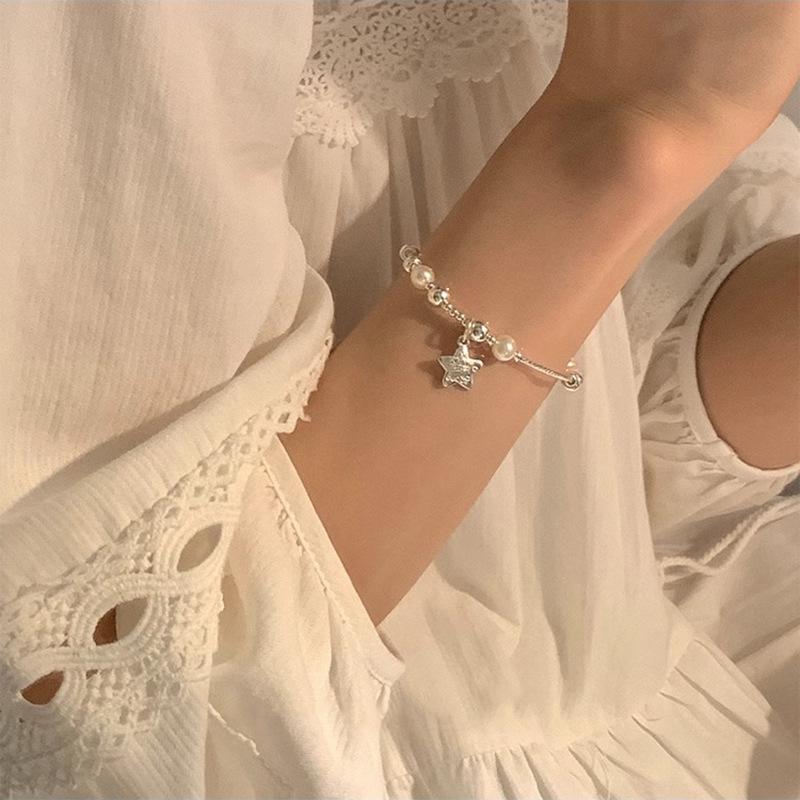 Korean Style S925 Sterling Silver Pearl Star Bracelet - Women's Fashion, Light Luxury Beaded Gift for Best Friend
