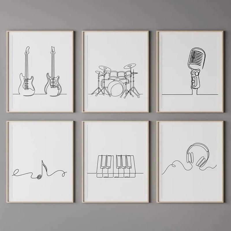 Nordisch Schwarz Weiß Musik Linienzeichnung Klaviertaste Gitarre Schlagzeug Poster Leinwandmalerei Wandkunst Bilder Zuhause Kinderzimmer Dekor