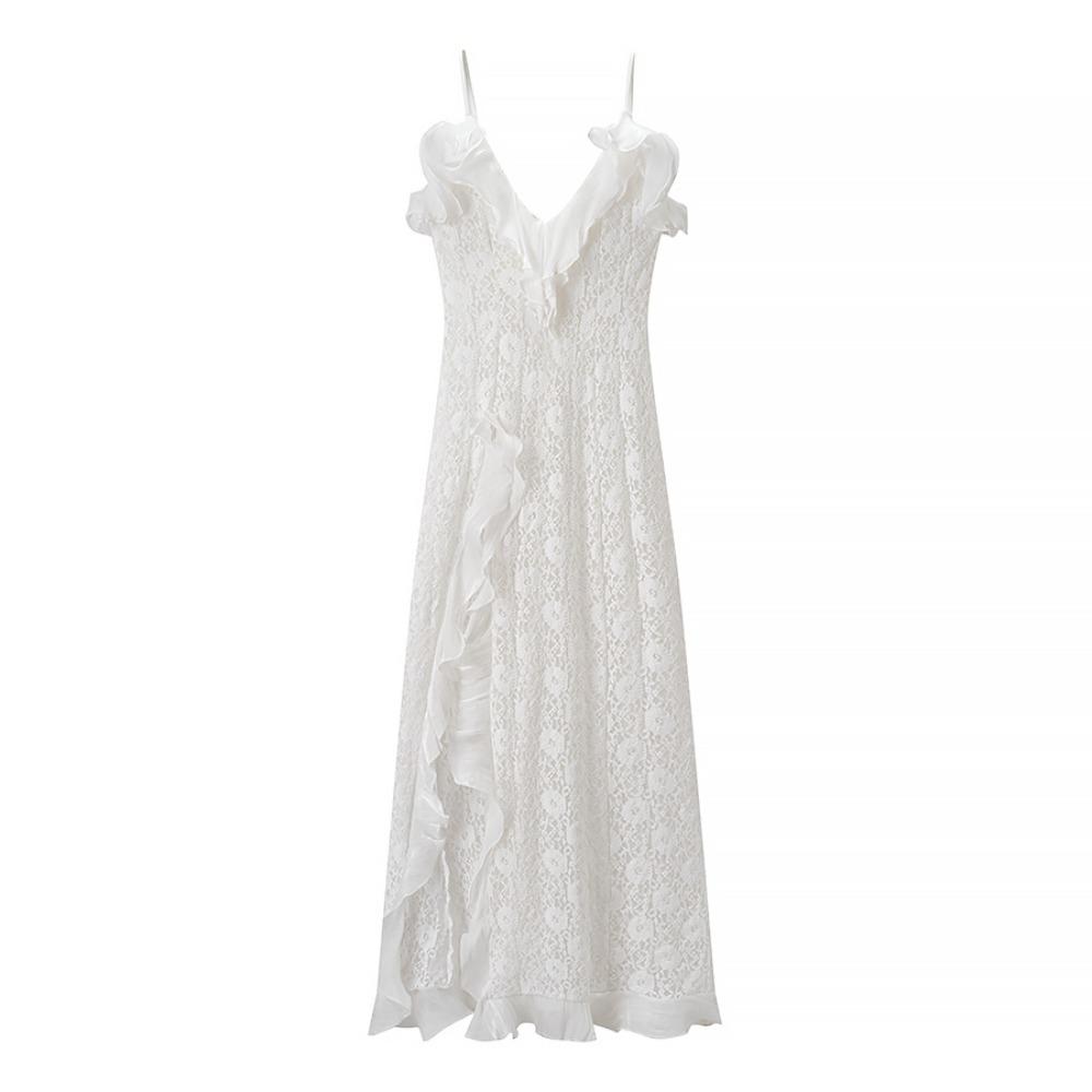 Side Slit Lace Maxi Dress Spaghetti Strap Ruffle Slit Dress Sexy Backless Dress  Beach Vacation S(EU 36)