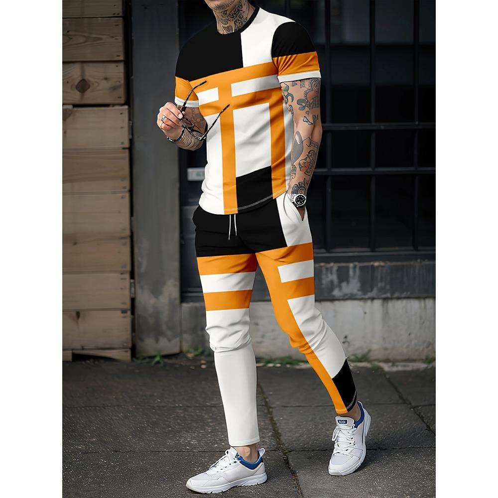 Simple Striped Printed Men's Casual Long Pants Set, Outdoor Street Fashion Trendy Men's Top And Casual Long Pants
