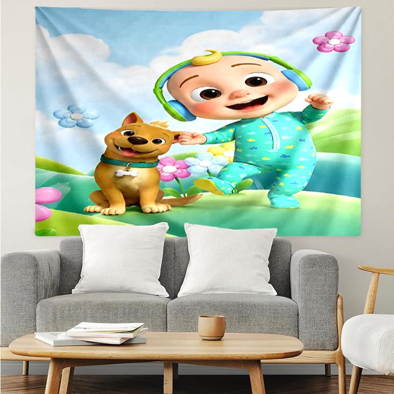Cocomelon Print Tapestry, Backdrop, Easy Setup, Ideal for Bedroom, Office & Living Room, with Aesthetic Wall Hanging Decor.