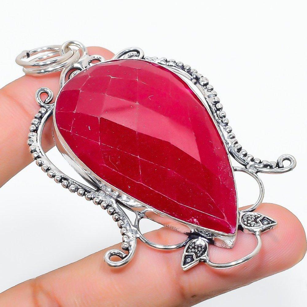 Ruby Natural Gemstone Handmade 925 Sterling Silver Pendant 3.07" Q5T98