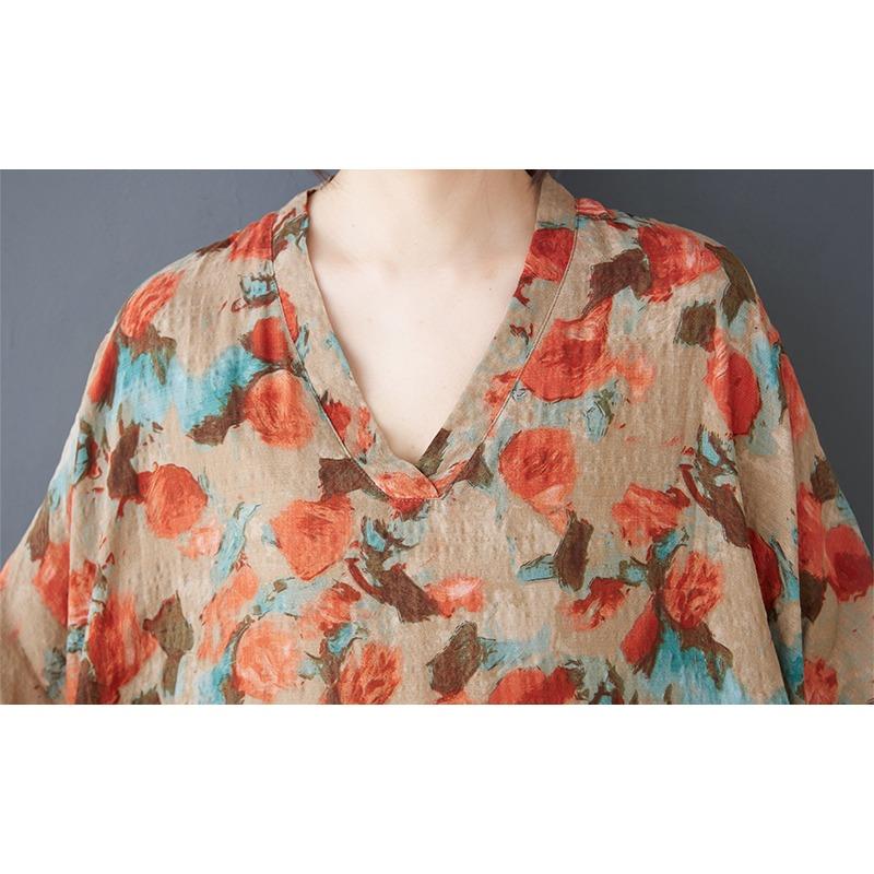 DIMANAF 2025 Sommer Damen Druck Übergröße Langes Leinenkleid Kurzarm Vintage Casual V-Ausschnitt Basic Lockeres Kleid