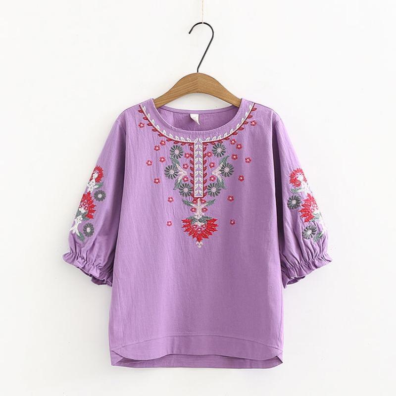 Letnia Nowość Styl Retro Literacki Luźna i Wszechstronna Etniczny Styl Bawełniana i Lniana Haftowana Koszula dla Kobiet