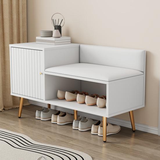 Shoe Cabinet with Storage Space, Padded Bench And Backrest, Shoe Shelf with Metal Handles And Solid Legs