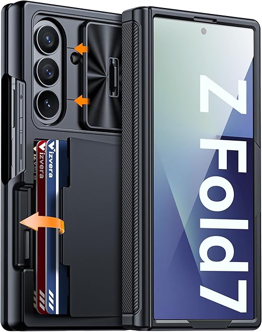 Чехол-бумажник с RFID-защитой и держателем для карт для Samsung Galaxy Z Fold 7 [Защита шарнира] [Защита камеры] Ударопрочный силиконовый защитный чехол для телефона - Шампанское чёрный