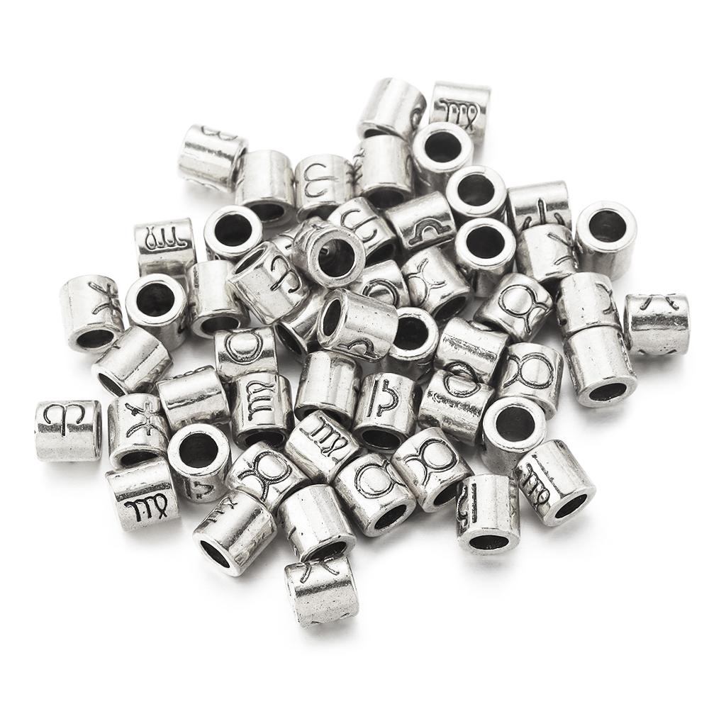 60pcs/lot Twelve Constellations Beads Alloy Beads Big Hole Tube Beads Spacer Loose Beads For Jewelry Making DIY Accessories