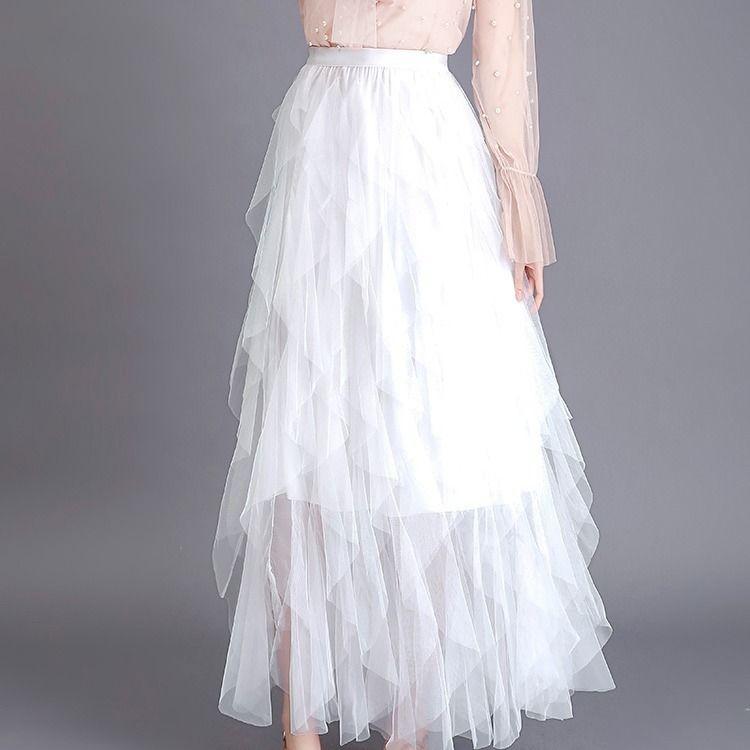 Jupe longue en tulle tutu tendance pour femme, jupe longue, style coréen, taille haute, plissée, noire, rose, printemps-été