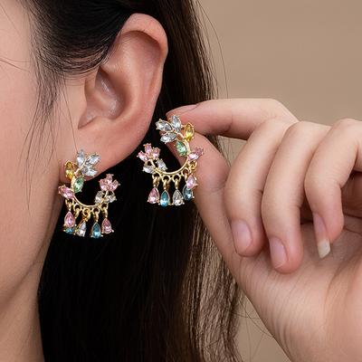 Imitation Silver Needle Inlaid Zircon Leaf Earrings Round Water Drop Pendant Earrings Light Luxury Advanced Feeling Small Fresh And Sweet Stud Earring