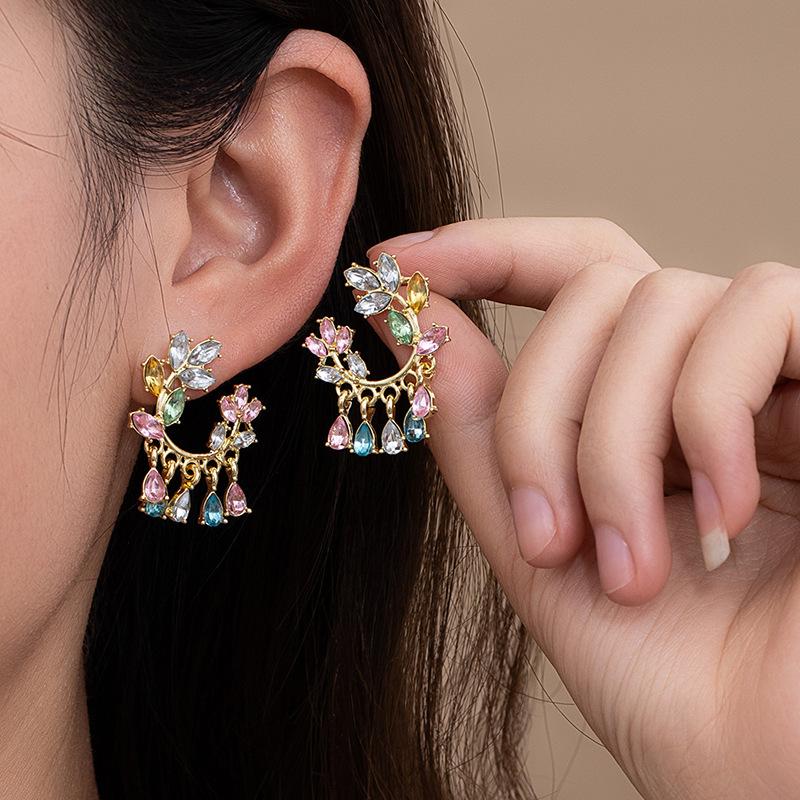 Imitation Silver Needle Inlaid Zircon Leaf Earrings Round Water Drop Pendant Earrings Light Luxury Advanced Feeling Small Fresh And Sweet Stud Earring