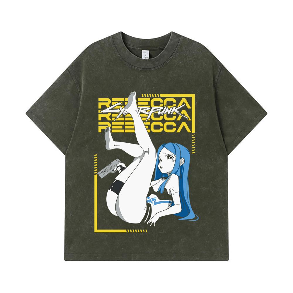 275 GSM Washed T-shirts 100% Cotton Cyberpunk Edgerunners V4 Rebecca Print Unisex Heavy Cotton T Shirt S
