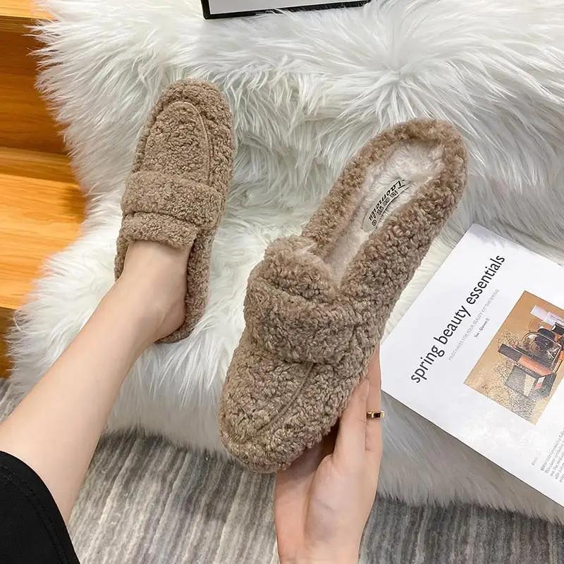 Fashion Lambwool Moccasins Femme Curly Sheep Fur Flats Woman Warm Plush Loafers Winter Cotton Shoes Women Furry Snow Boot