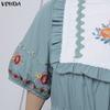 VONDA Vintage Women Stand Neck Short Sleeve Embroidery Patchwork Long Dress