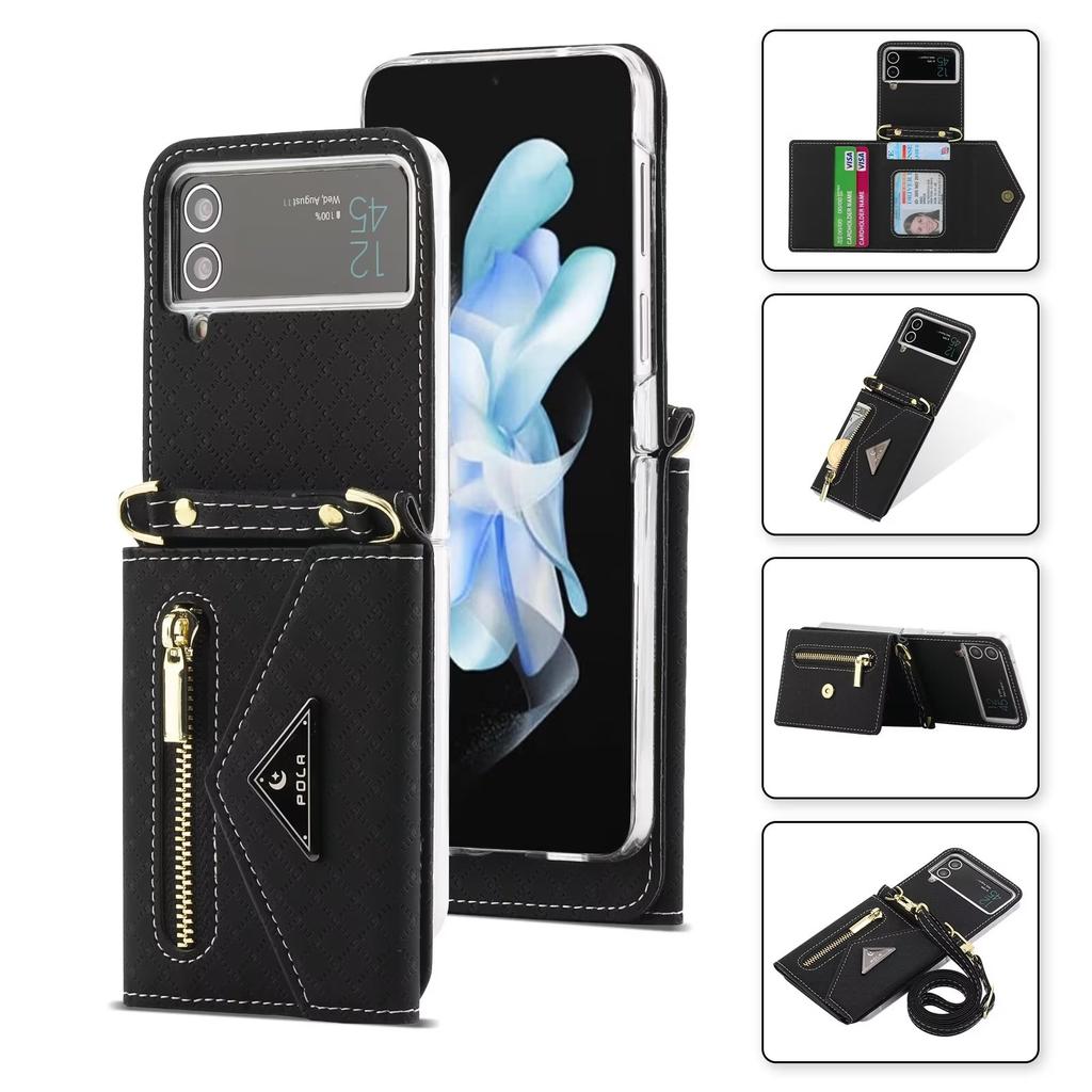 Crossbody-Handyhülle für Samsung Galaxy Z Flip 4 Flip3 Flip5 Funda Abnehmbarer Lanyard-Reißverschluss Kartenhalter Brieftasche Kickstand-Abdeckung