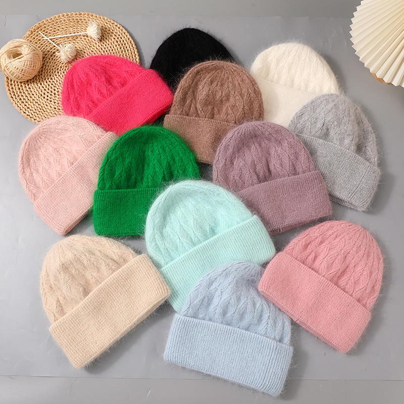 Women's Winter Angora Rabbit Hair Knitted Fried Dough Twist Double Flanging Warm Versatile Wool Hat