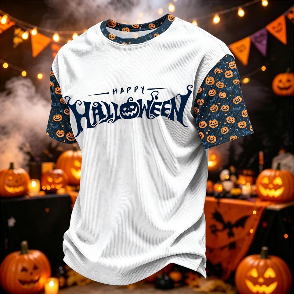 Herren Casual Corduroy Kurzarm Leicht Atmungsaktiv Rundhalsausschnitt Oberteil Halloween-Thema Aufdruck Buchstaben Design Bequeme Passform