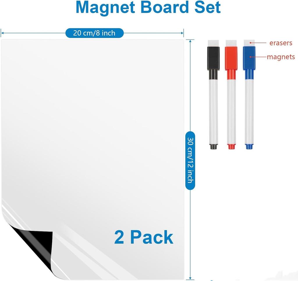 Magnetic Fridge White Board Paper,8" x 12" 2 Pack Small Dry Erase Board Kitchen Refrigerator Whiteboard for Family to-do List, I
