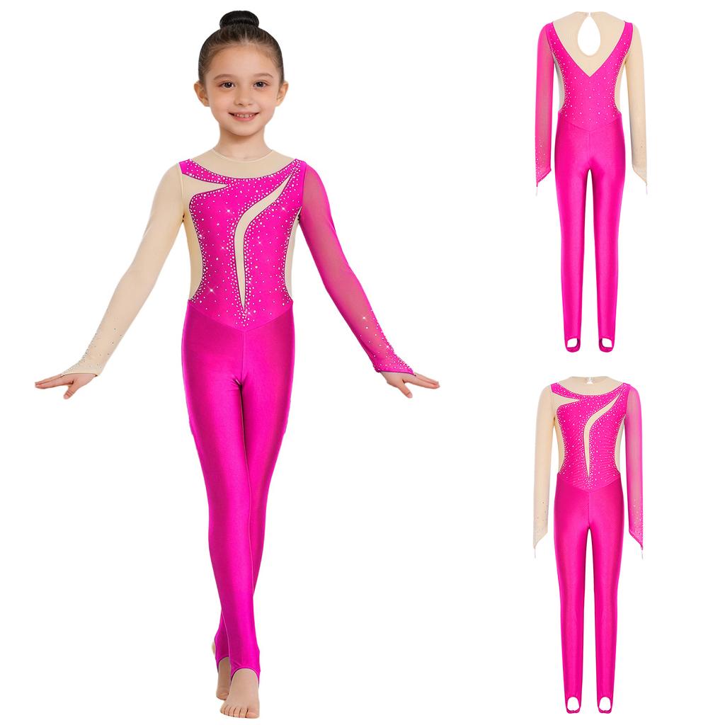 Tuta da Ginnastica per Bambine Maniche Lunghe Fori per le Dita Foro sulla Schiena Patchwork in Rete Strass Lucidi Color Block Body da Danza per Performance