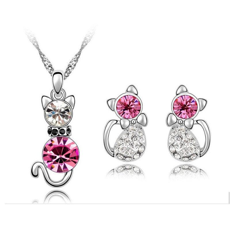 Good Cat Crystal Stud Earrings Necklace Set