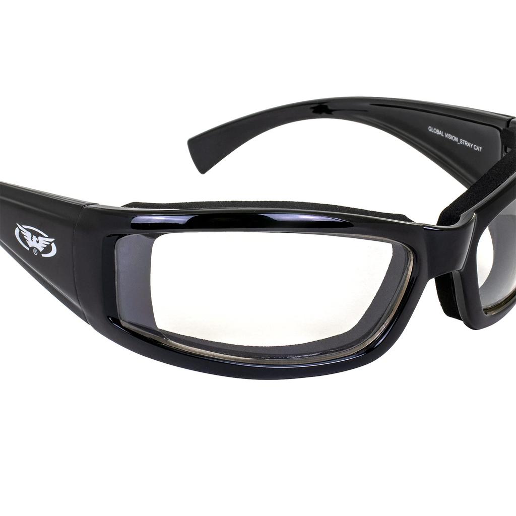 Global Vision Stray Cat 24 Fotochromowe Motocyklowe Błyszczące Czarne Przezroczyste do Dymnych Okulary Przeciwsłoneczne z Automatycznym Przyciemnianiem ANSI, Oprawka, Soczewki Przeciwmgielne, Certyfikat Z87.1.