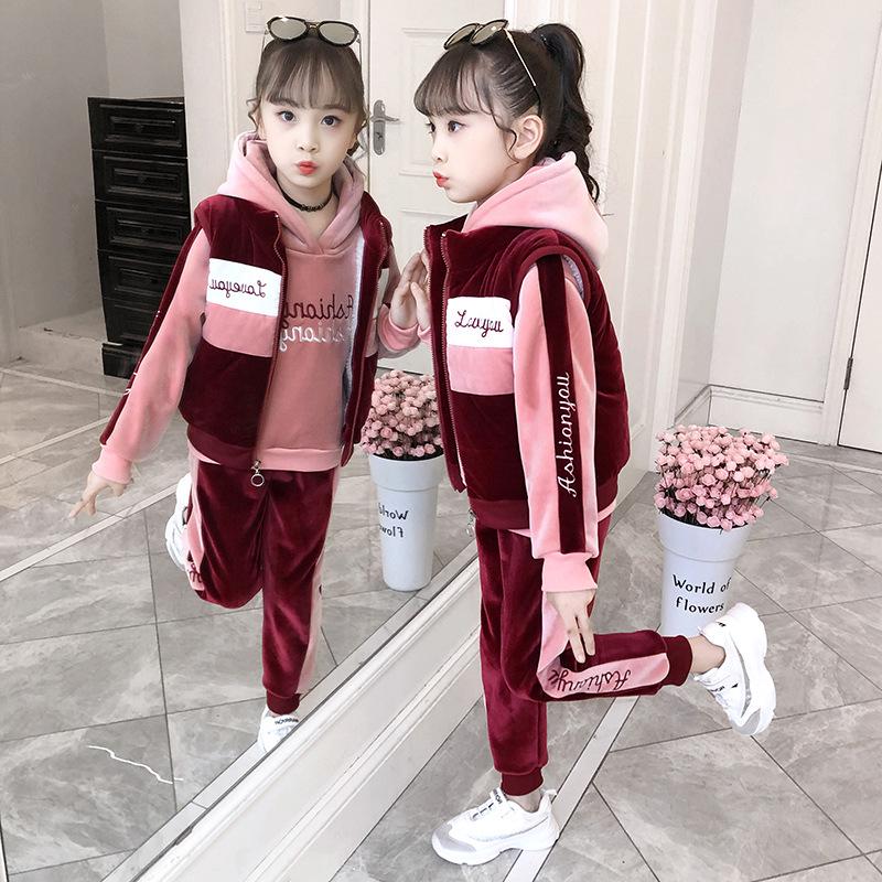 Girls' Winter 3-Piece Set: Sweatshirt, Pants, Vest - Thickened for 2025 Autumn/Winter. Suitable for Middle and Big Kids.