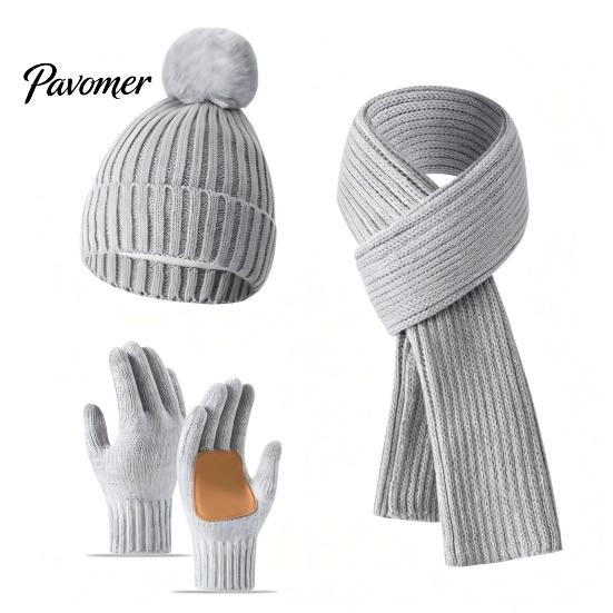 Fashionable Vertical Stripe Knitwear Winter Hat Scarf Gloves Set, Knitted with Pompom, Touch Screen Gloves, Cold Weather Essential Set Warm