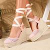 Damen Schnürkeilabsatz Sandalen mit geschlossenem Zehenteil und dicker Strohseilsohle