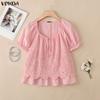 VONDA Camicie Bluse Casual Estive da Donna con Scollo a U, Intreccio di Pizzo all'Uncinetto sul Davanti, Manica Corta