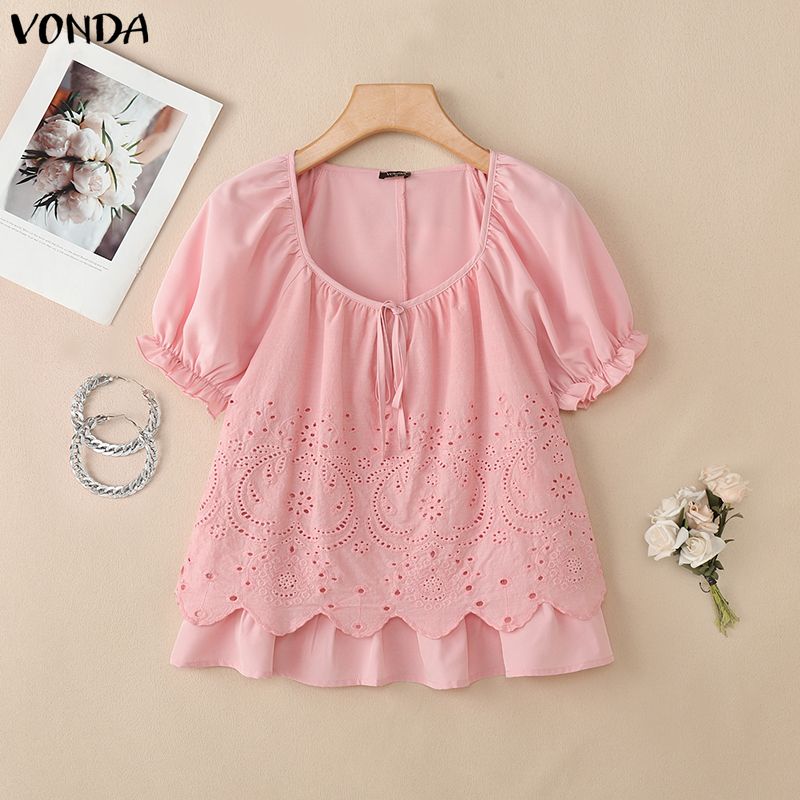 VONDA Camicie Bluse Casual Estive da Donna con Scollo a U, Intreccio di Pizzo all'Uncinetto sul Davanti, Manica Corta