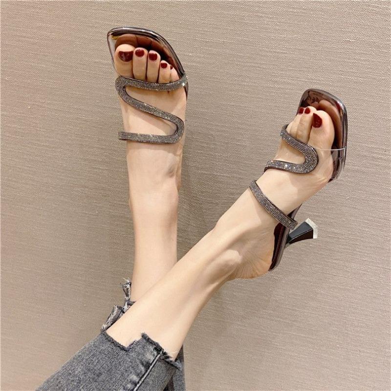 Fashion Women's High Heels Slippers 2025New Rhinestone Design Slippers Summer Open-toe High Heels Slippers for Women Banquet Dress Shoes