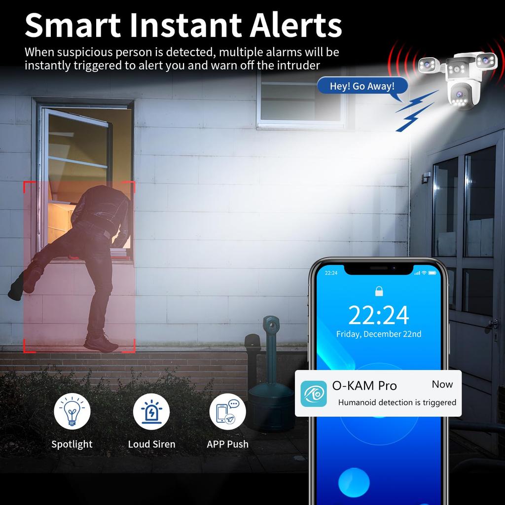 Three-Lens Security Camera Outdoor, 360° View Outside Camera, 2.4Ghz WiFi, Human Detection, Color Night Vision, Pan & Tilt, 10x Zoom,Two-Way Audio