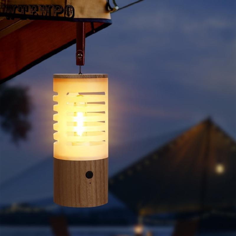 Creative Outdoor Camping Lights Tungsten Filament Warm Light Hand Lamp Hangable Atmosphere Lamp Small Night Light with White Wax Wood Countertop