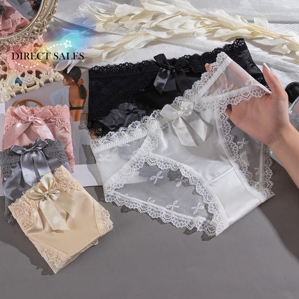 Breathable Low Waist Lace Panties Transparent Cotton Crotch Mesh Flower Briefs Lingerie Bow Lace Thin Underwear Lady