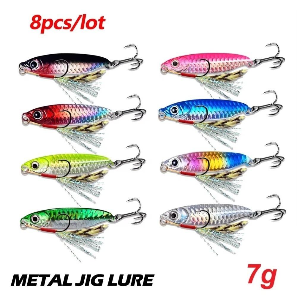 8Pcs Set Sharp Hooks Metal Fishing Lure 3D Eyes Design Metal Jig Spoon Saltwater Fishing