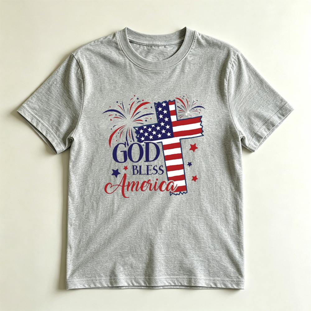 God Bless America American Flag Cross Graphic TShirt Patriotic 4th Of July Christian Tee Usa Independence Day Faith T