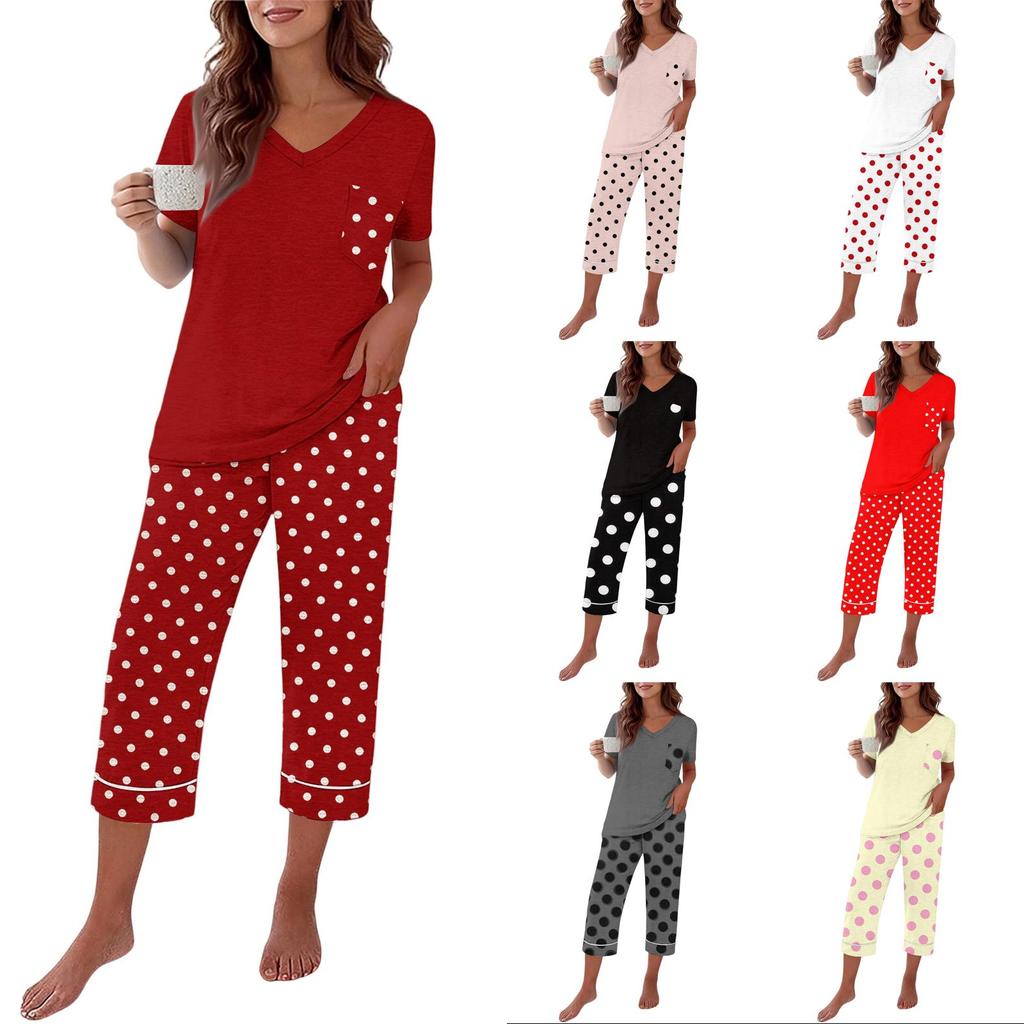 Women's Casual Loungewear Set Printed Neck Short Sleeve T-Shirt and Pants