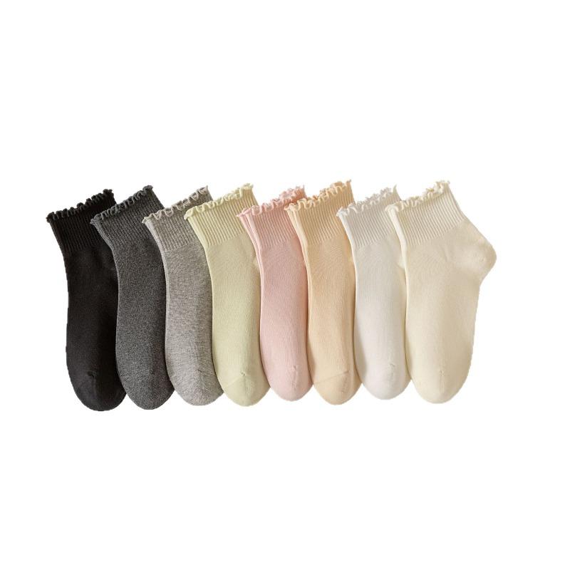 Women's Cotton Boneless Spring and Autumn Socks with Black Fungus Edges, Sweat-absorbing Lace Mid-calf Socks, Solid Color Socks