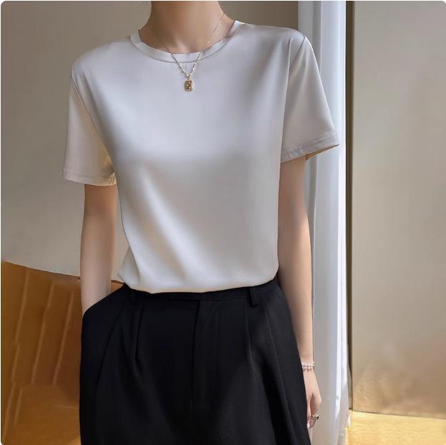 Damen Kurzarm Imitation Seide V-Ausschnitt T-Shirt - Weißes Satin Unterhemd Frühling/Sommer Top