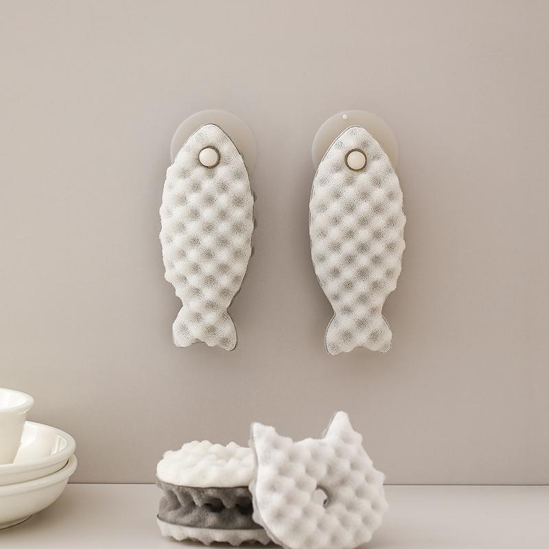 New Arrival Kitchen Cleaning Double-Sided Scouring Pad Three-Dimensional Honeycomb Dishwashing Sponge Fish-Shaped Made PU