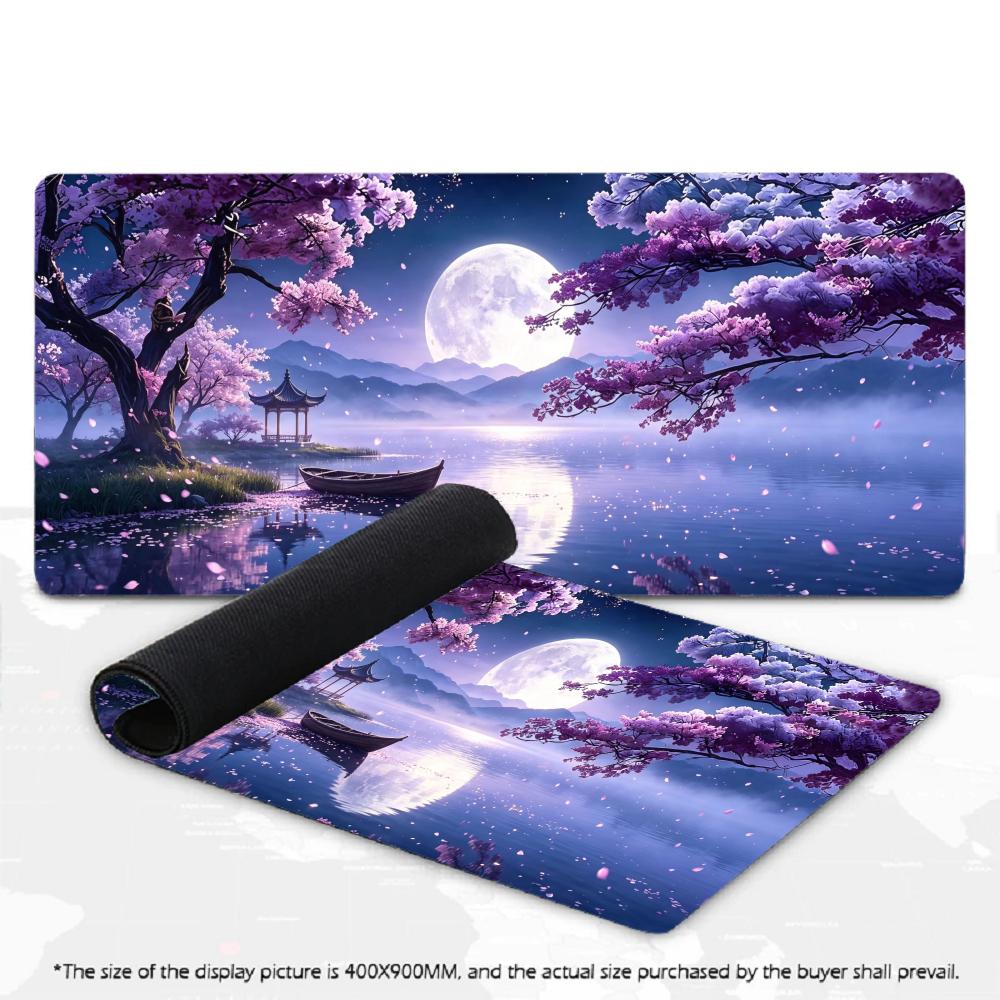 Tapis de Souris XXL Sakura Violet Pleine Lune Pagode Orientale Portail Torii Lac de Montagne Tapis de Jeu Antidérapant Pour Décoration de Bureau