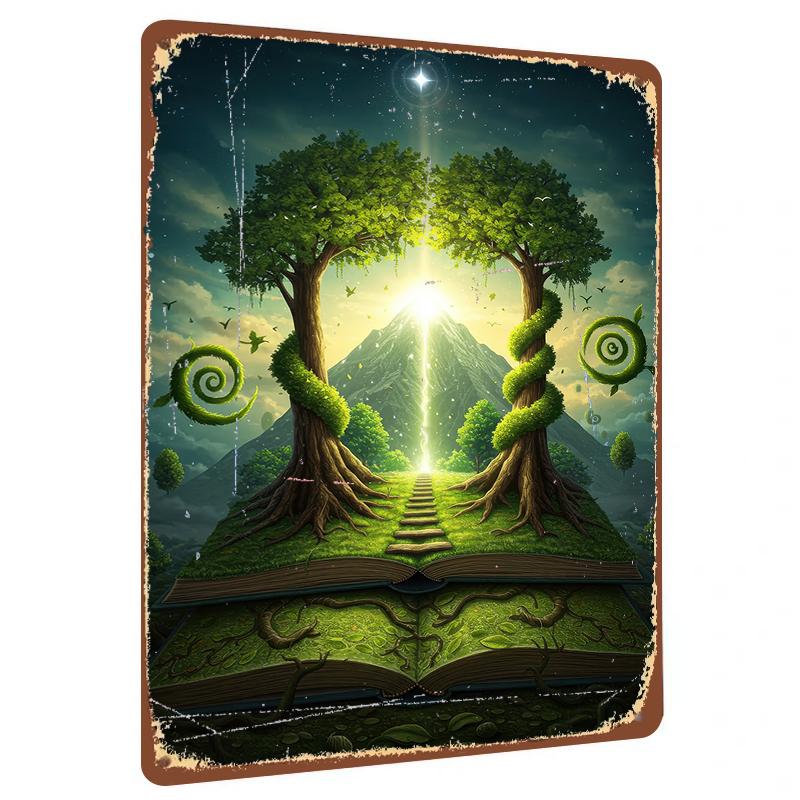 

Magical Book Metal Wall Art Enchanted Mountain Glowing Tree Decor for Living Room Study Fantasy Home Decoration 20x30cm（7.8x11.8inch）